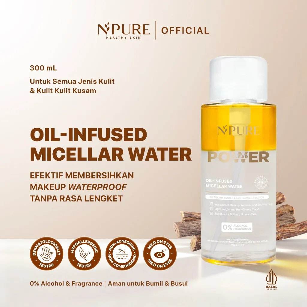 NPURE Oil-Infused Micellar Water 300ml - Waterproof Make Up Remover / Pembersih Makeup Waterproof / Brightening / No Alcohol SLS Fragrance / Deep Cleansing / Mild On Eyes / Hypoallergenic / Dermatologically Tested / Non Acnegenic/Aman Bumil Busui / HALAL