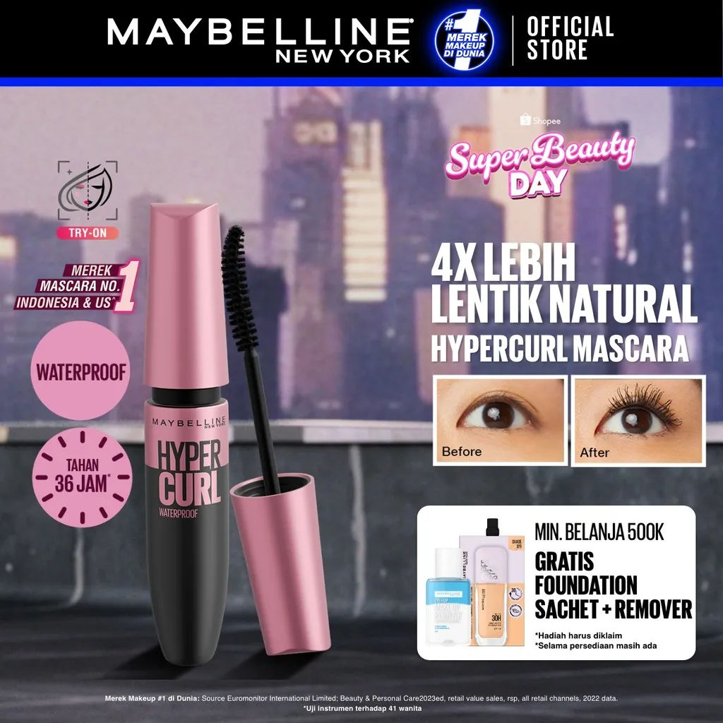 [SHOPEE BEAUTY AWARDS - BEST EYE MAKEUP] MAYBELLINE OFFICIAL Volume Express Hypercurl Waterproof Mascara 9.2 ml Maskara Eye Make up Bulu Mata Panjang Tebal Tahan 24 Jam Volumizing Extending Smudgeproof Bulu Mata Palsu Eyeliner Waterproof