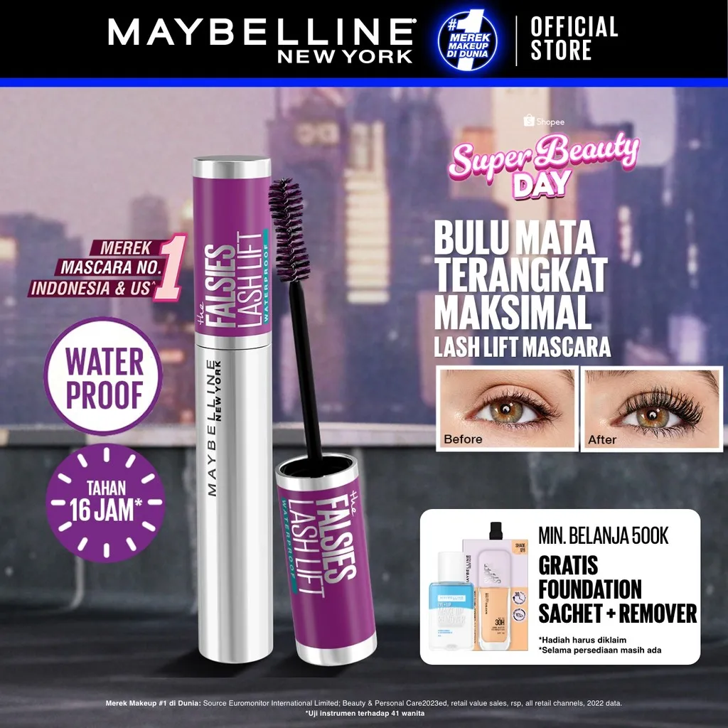 MAYBELLINE OFFICIAL The Falsies Lash Lift Mascara Make Up 8.6ml Waterproof Maskara Bulu Mata Panjang Tahan 16 Jam Volumizing Extending Smudgeproof