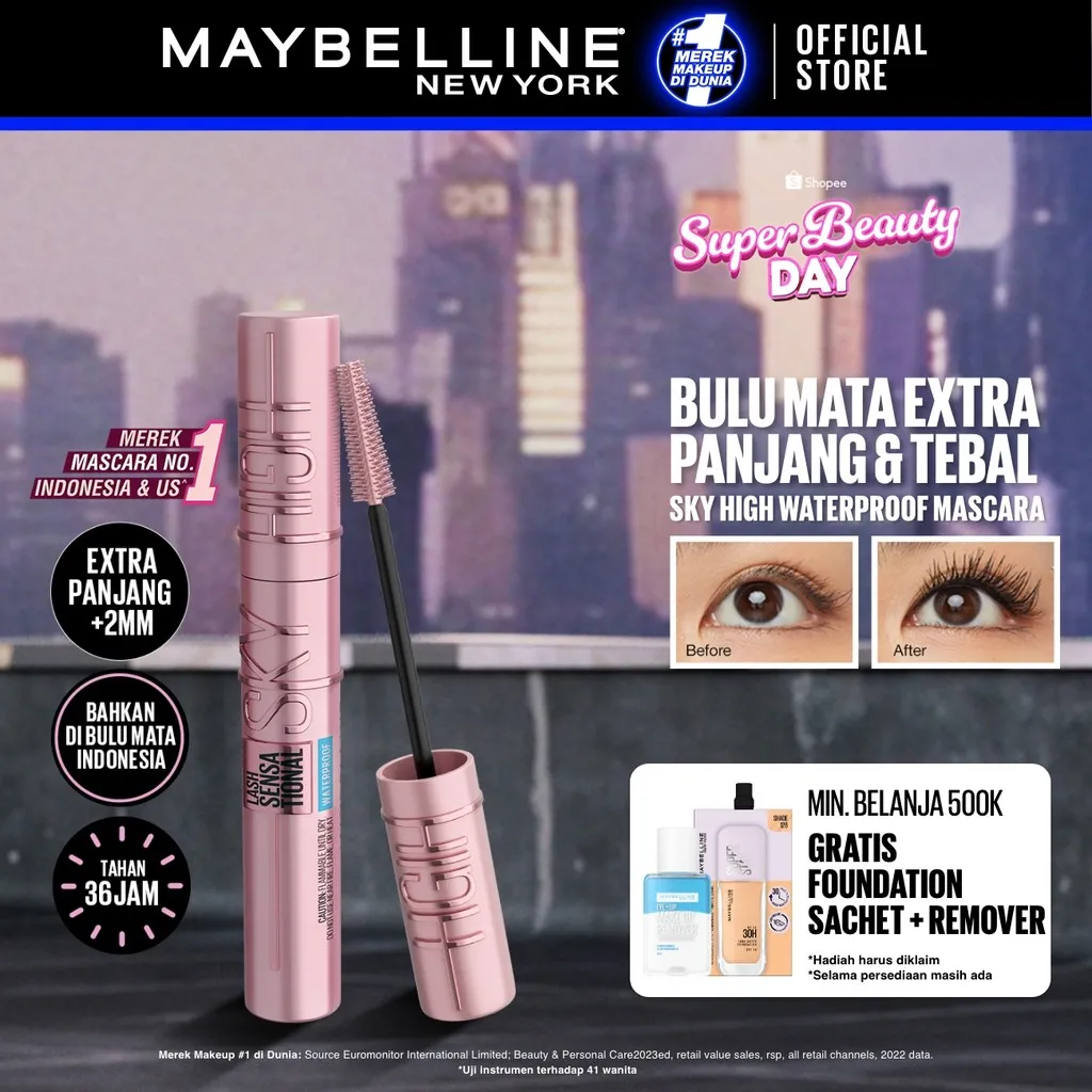 Maybelline Sky High Waterproof Mascara 6ml Maskara Eye Make Up Eyeliner Waterproof Black Bulu Mata Panjang Tebal Tahan 24 Jam Hypercurl Superstay Matte Vinyl Ink
