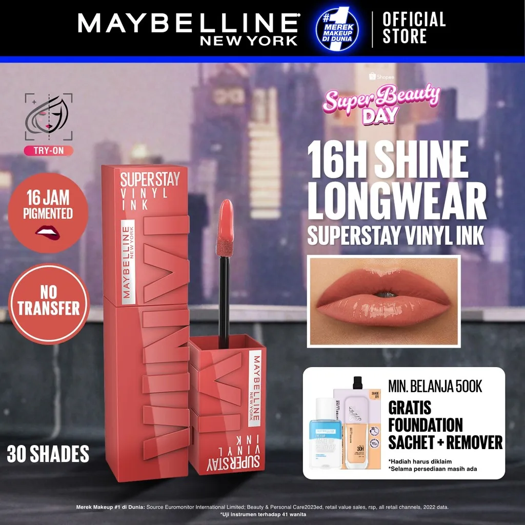 MAYBELLINE OFFICIAL Superstay Vinyl Ink 4.2 ml - Shiny Pigmented Liquid Lipstik Lipstick Make Up Lipcream Longlasting Waterproof Tahan Lama 16 Jam Lipstik Lipgloss Lipbalm Liptint Lip Glossy