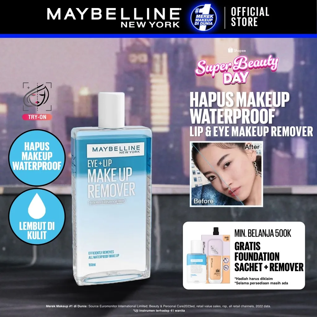 MAYBELLINE OFFICIAL Lip & Eye Makeup Remover - 70/150 ml | Mudah Hapus Make Up Waterproof Cocok Untuk Mata Sensitif Lembut di Kulit | 150ml