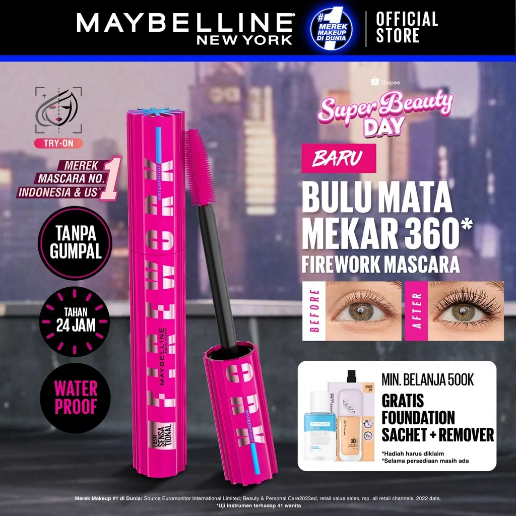 MAYBELLINE OFFICIAL Firework Waterproof Mascara 6ml - Bulu Mata Mekar Tahan 24 Jam Dramatis Maskara Eye Make up Black Tanpa Gumpal Panjang no clump volume lash lift bulu mata palsu
