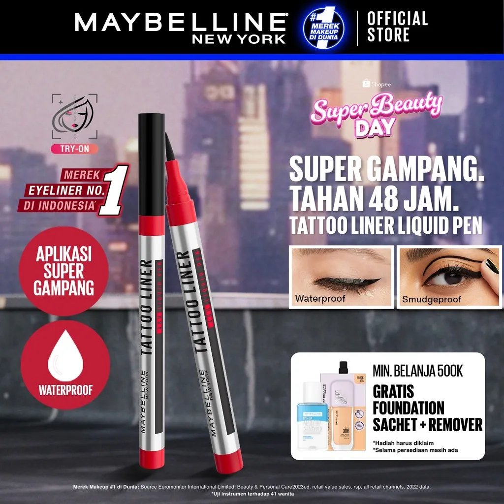 MAYBELLINE OFFICIAL Tattoo Liner 48H Liquid Pen Eyeliner Waterproof Make up Line Tattoo High Impact Tahan Lama 48 Jam Hitam Superstay Matte Vinyl Ink