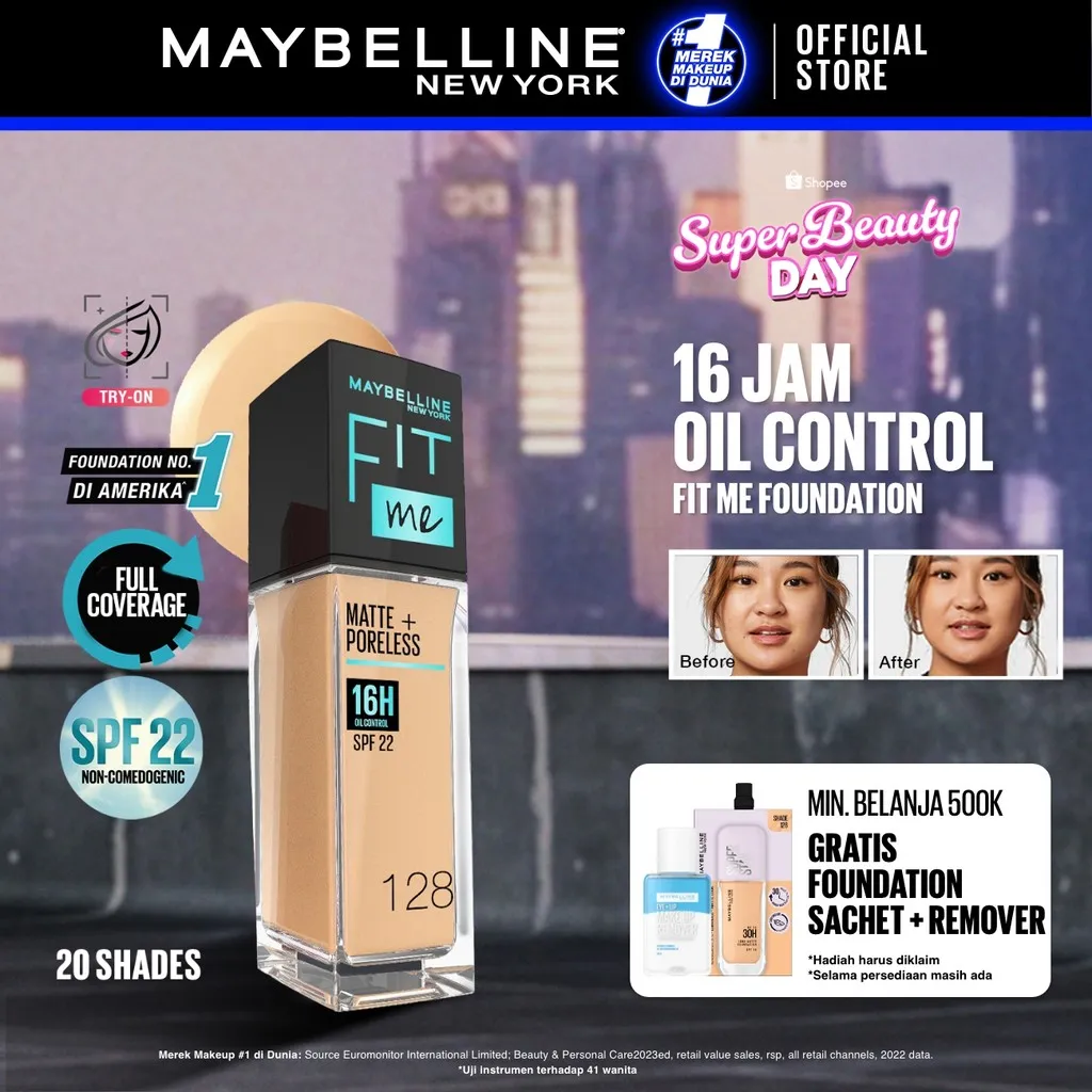 MAYBELLINE OFFICIAL Fit Me Matte + Poreless Liquid Foundation Make Up 30ml SPF 22 Makeup Ringan High Cover 16 Jam Oil Control Cushion Foundation Bedak Padat Cushion Foundation Bedak Padat Concealer BB Cream Foundation Waterproof Skin Tint Fondation