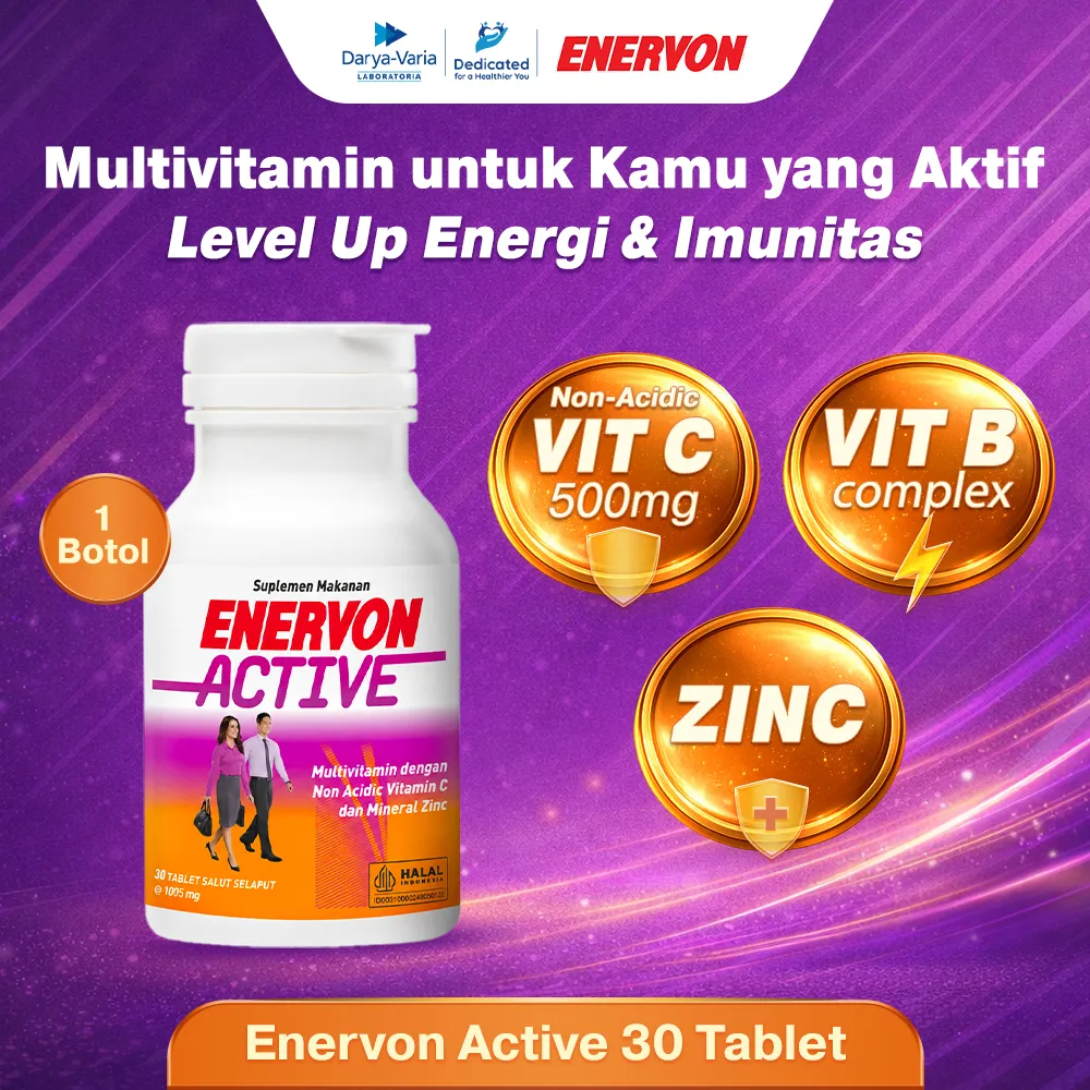 Enervon Active Vitamin C, B Complex, Zinc Isi 30 Tablet (1 Botol x 30 Tablet) - Suplemen Multivitamin & Mineral untuk Produktivitas dan Daya Tahan Tubuh