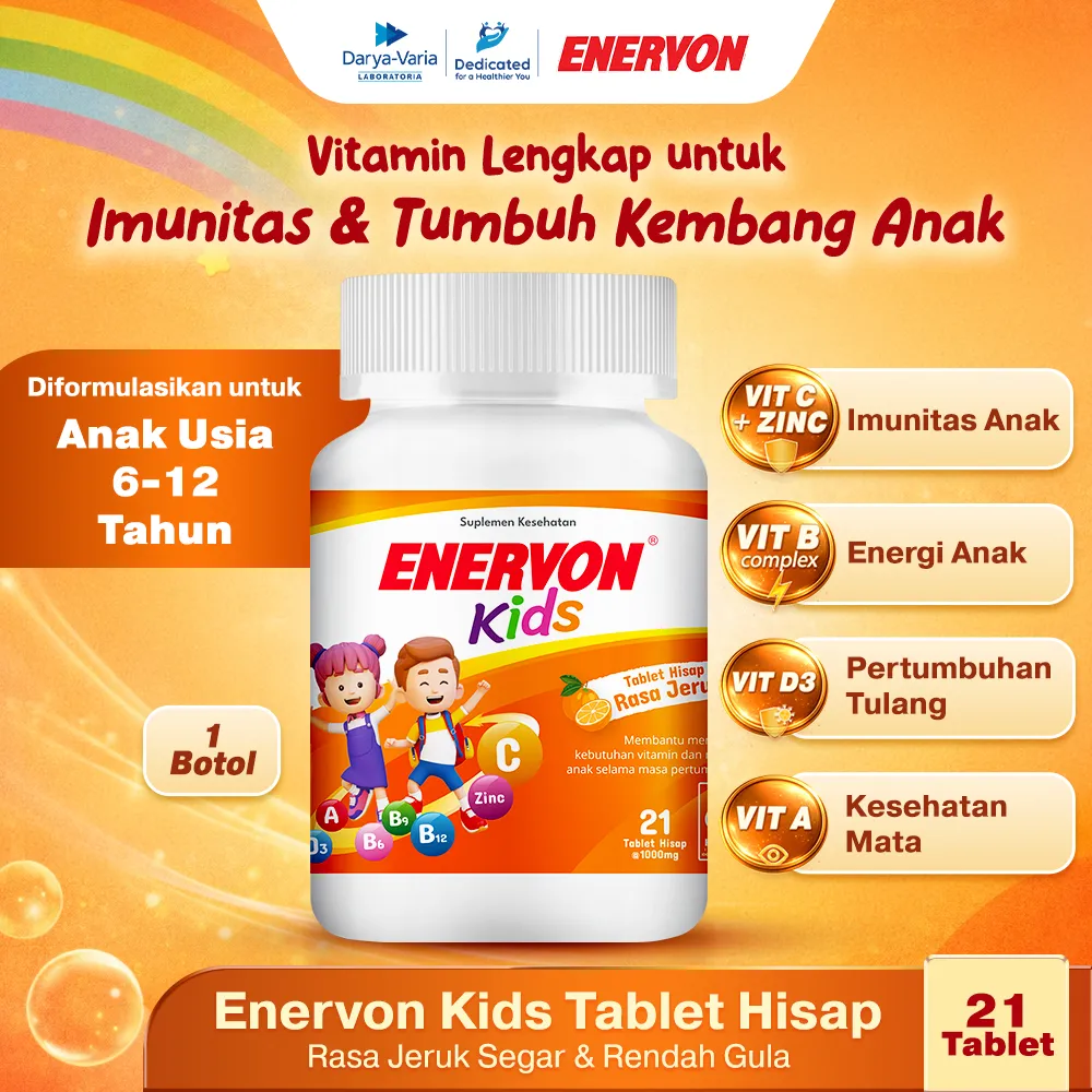Enervon Kids Tablet Hisap rasa jeruk (1 botol x 21 Tablet) - Multivitamin Anak-Vitamin C, A, B Complex, D3 plus Zinc - Membantu Memeliharan Vitamin dan Mineral Anak dimasa Pertumbuhan
