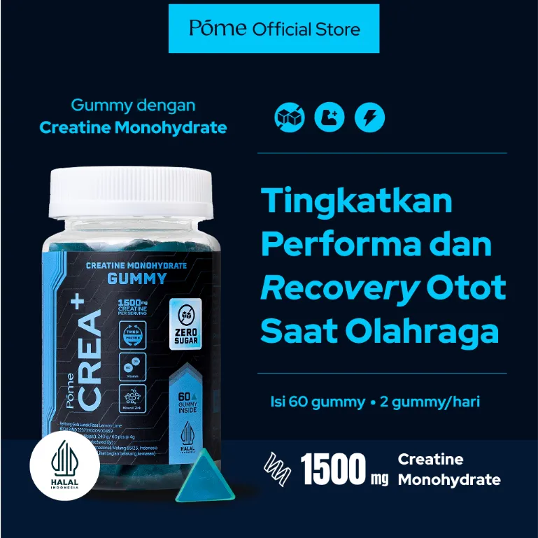 Pome CREA+ Zero Sugar (Made with Creatine Monohydrate) 1 Botol - Gummy with L-Citrulline, L-Carnitine, Papaya Leaf Extract, Vitamin B12, D3, and Zinc (Tingkatkan performa atletik & percepat recovery setelah olahraga)