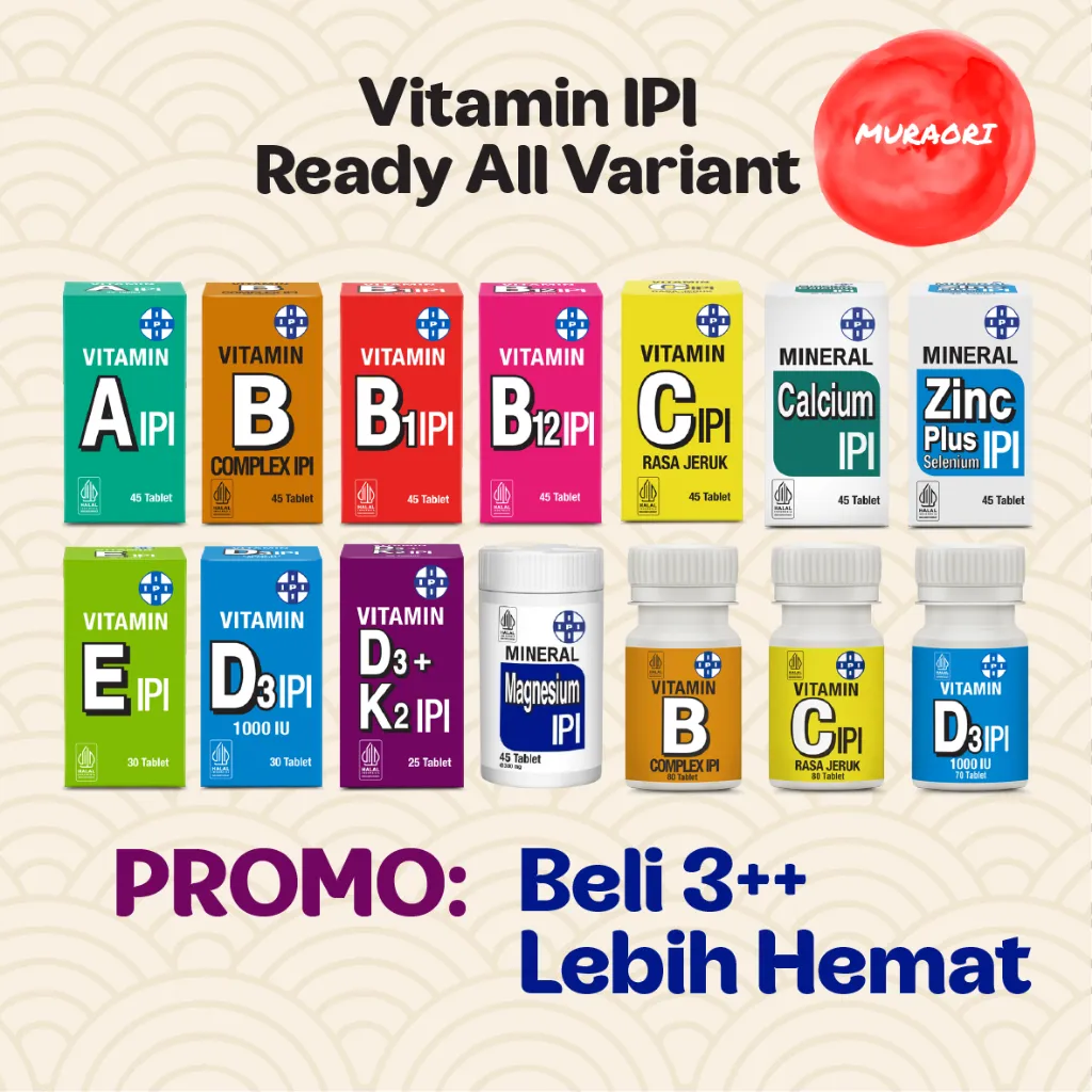 Vitamin A B1 B12 B Complex C D3 K2 E Mineral Zinc Calsium Magnesium IPI (Isi 25 30 45 70 80 Tablet)
