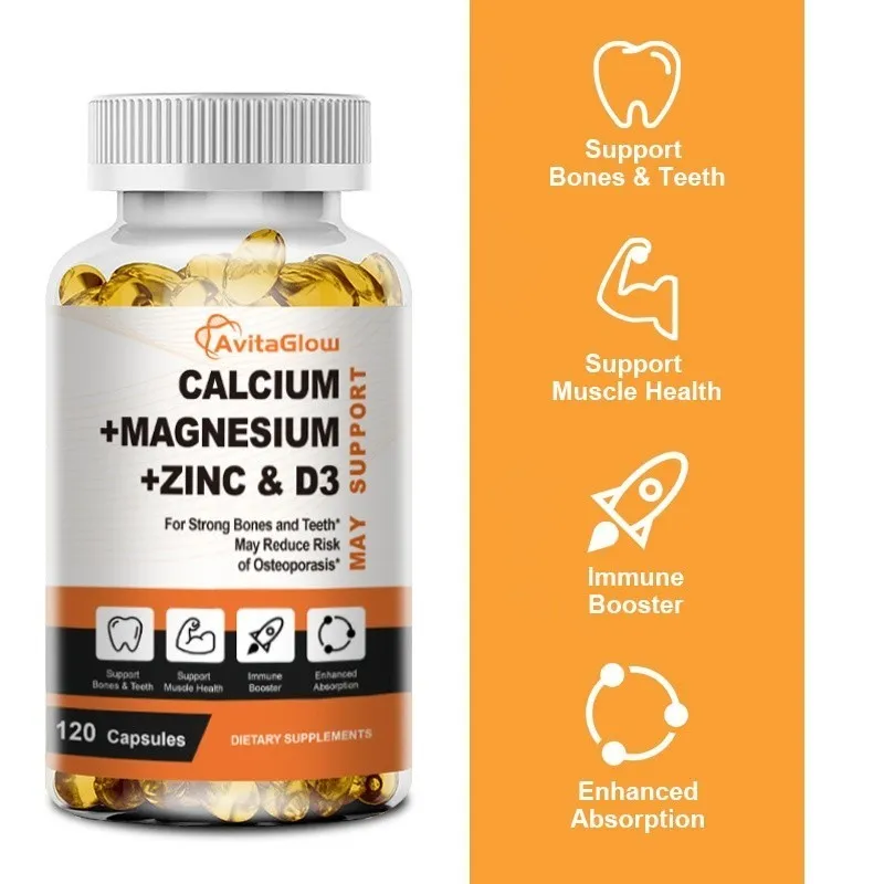 Calcium Magnesium Zinc Capsules with Vitamind3 for Strong Bones & Teeth|Heart, Nerve & Immune Function Support 120pcs Kalsium +magnesium +seng & d3 Untuk tulang dan gigi yang kuat