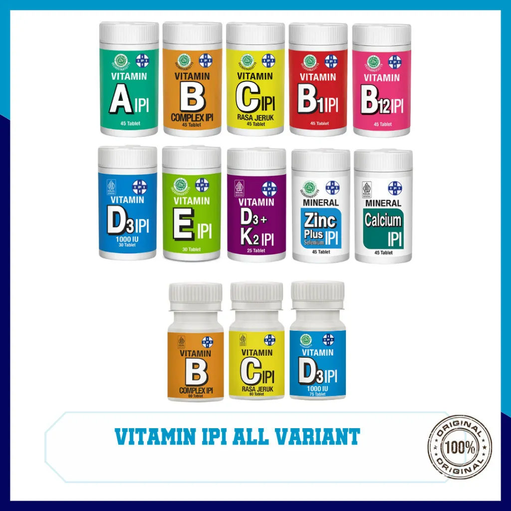Vitamin & Mineral IPI Lengkap – A, B1, B12, C, D3, E, B Complex, D3+K2, Zinc, Calcium | Suplemen Daya Tahan Tubuh & Kesehatan