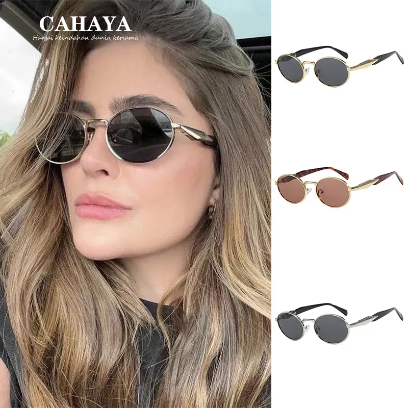 Kacamata Hitam Logam Trendi untuk Wanita Bingkai Oval Retro Kacamata Tabir Surya Luar Ruangan