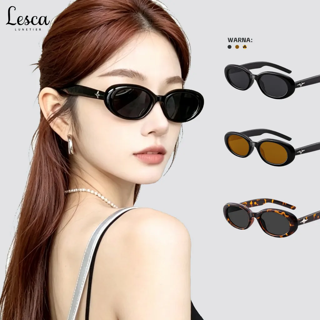 Lesca Kacamata Hitam Oval Lensa Anti Sinar UV400 Sunglasses Fashion Frame Star Unik