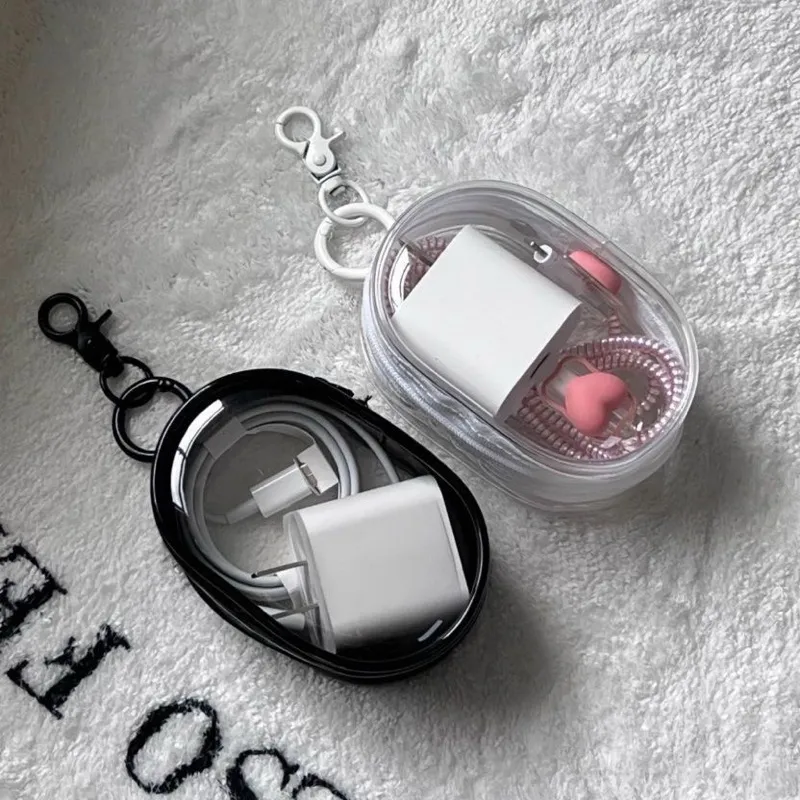 Ketebalan 40D Nilon/ Resleting ganda / Gesper Gantung Tebal / Kotak Penyimpanan Kabel Data Bening, Penutup Pelindung Kabel Portabel, Tas Penyimpanan Headset, Charger, Kabel Data, Boneka