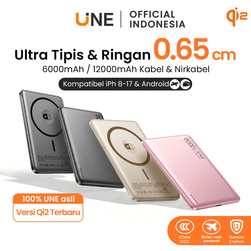 [ Sertifikasi CCC ] UNE 12000mAh Powerbank Fast Charging Qi2 Wireless PD20W Power Bank Mini Nirkabel untuk iPh17 Type C
