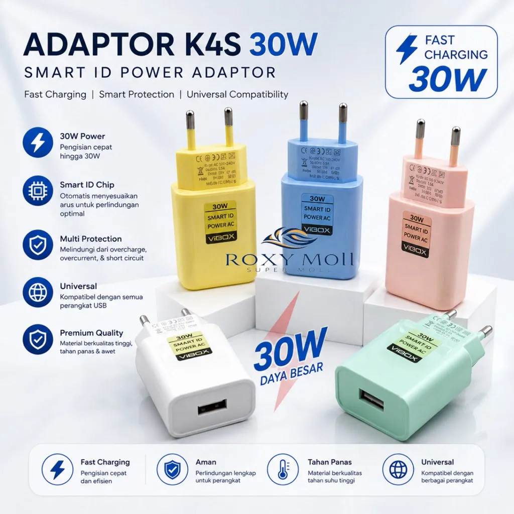 (1pc) Batok 30w Vibox Macaron VB K4s Adapter Charger VB-K4s 3.1A 1Usb Universal For Hp Android Smartphone & Speaker Bluetooth Casan Cctv Wifi [ROXY]