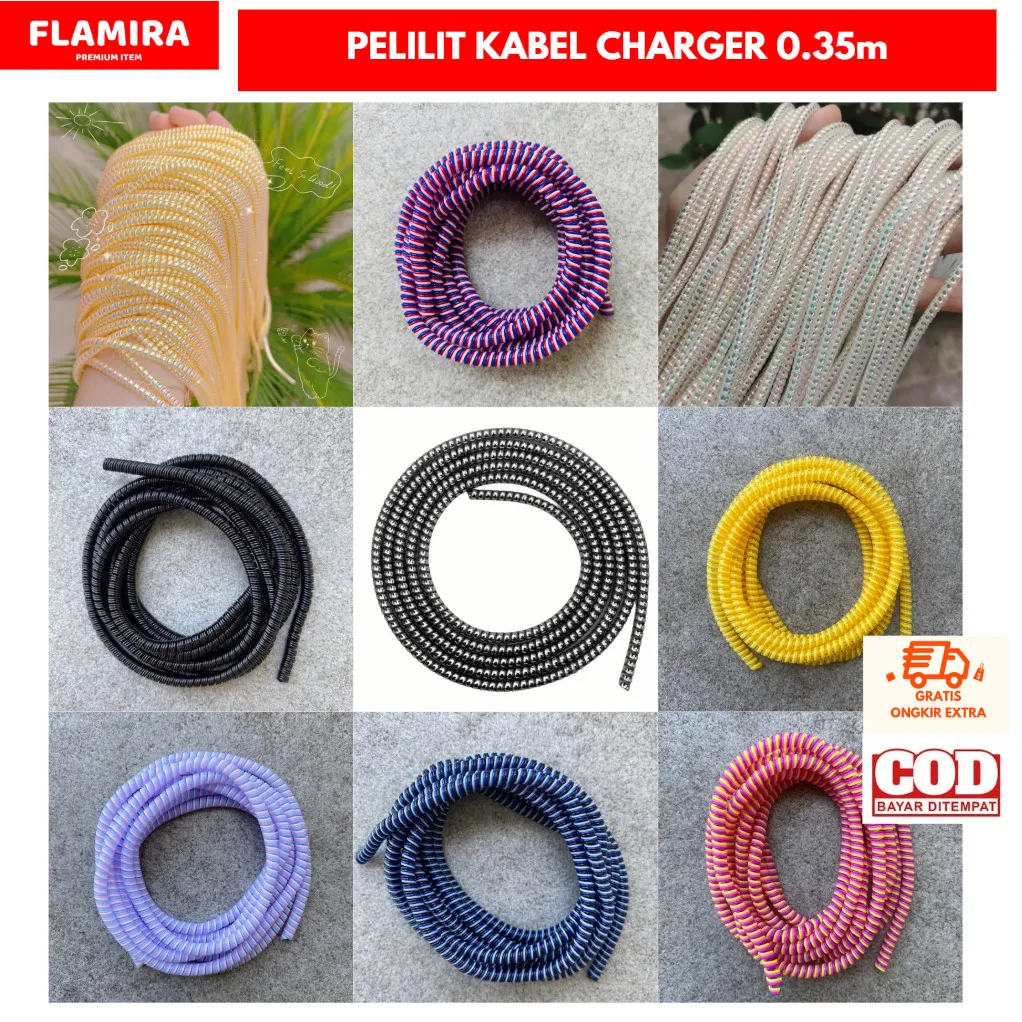Pelilit Kabel Spiral 0.35 Meter Warna Metalic Pelindung Kabel Charger Serbaguna Pelindung Kabel Warna dengan Bahan Tebal Melindungi Kabel dari Kerusakan dan Putus Cocok untuk Kabel HP USB, Earphone dan Charger Desain Spiral Mudah Dipasang
