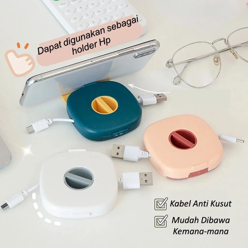 Kotak 2in1 Penyimpanan Roll Kabel Data Plus Docking Dudukan Handphone Tempat Kotak Charger Phone Holder Box Kabel Organizer Storage Management Putar Rol Casing Penggulung Perapih Kusut Pengikat Cable Data Headset  Standing HP Kotak  2 in 1