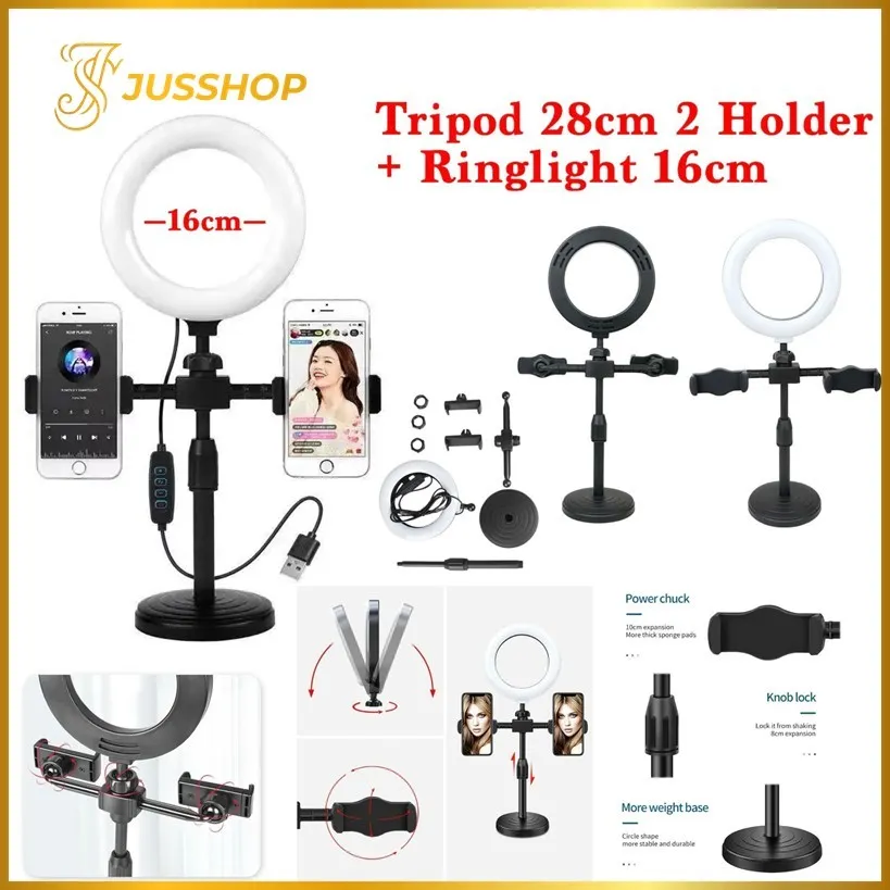 Paket Ringlight 16cm + Tripod Mini Stand 28cm 2 Holder Hp Live Stream Make Up Vlog