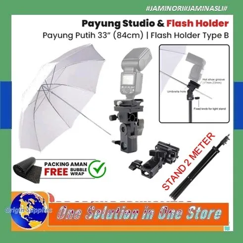 Payung Studio Putih | Flash Holder Type B | Paket Aksesoris Flash