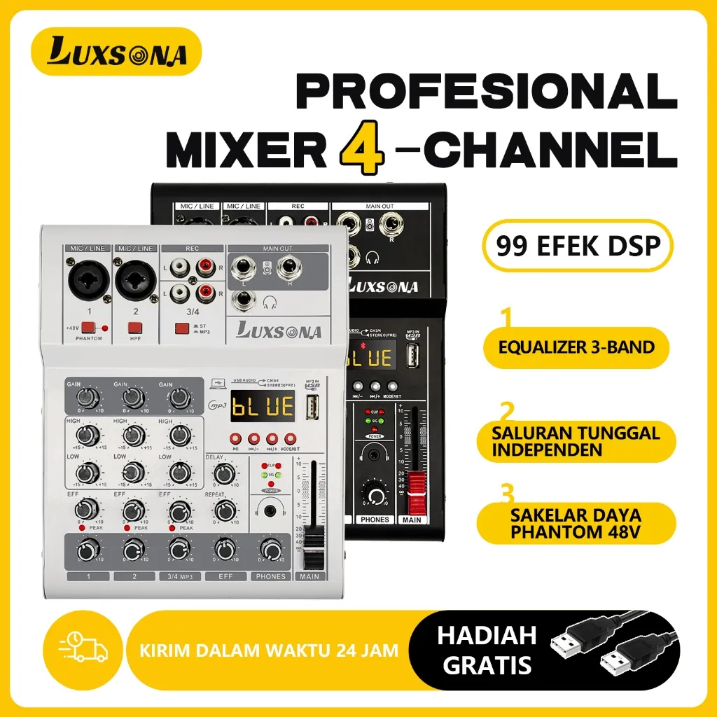 Mixer audio 4 channel profesional/99dsp misker suara/mixer mini dengan Bluetooth/misker audio 4 saluran murah/kartu channel profesional/efek antarmuka audio USB/cocok untuk rekaman studio rumah, KTV, panggung