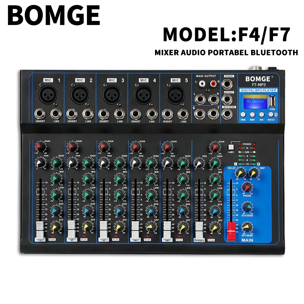 BOMGE F7 Audio Mixer 17V AC USB DJ Sound Mixing Console MP3 Jack 48V Power SoundCard Mixing Console MP3 Jack 48V Power for Computer Recording, 7-Channel Bands Mixing Boards For Studio Recording