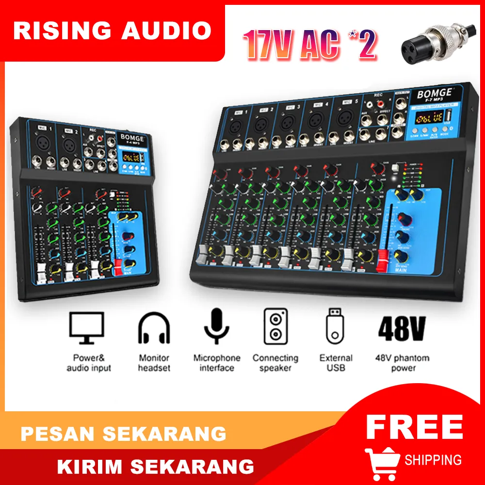 RISING AUDIO F4/F7 Audio Mixer 17V AC POWER/USB DJ Sound Mixing Console MP3 Jack 48V Power for Computer Recording, 7-Channel Bands Mixing Boards For Studio Recording