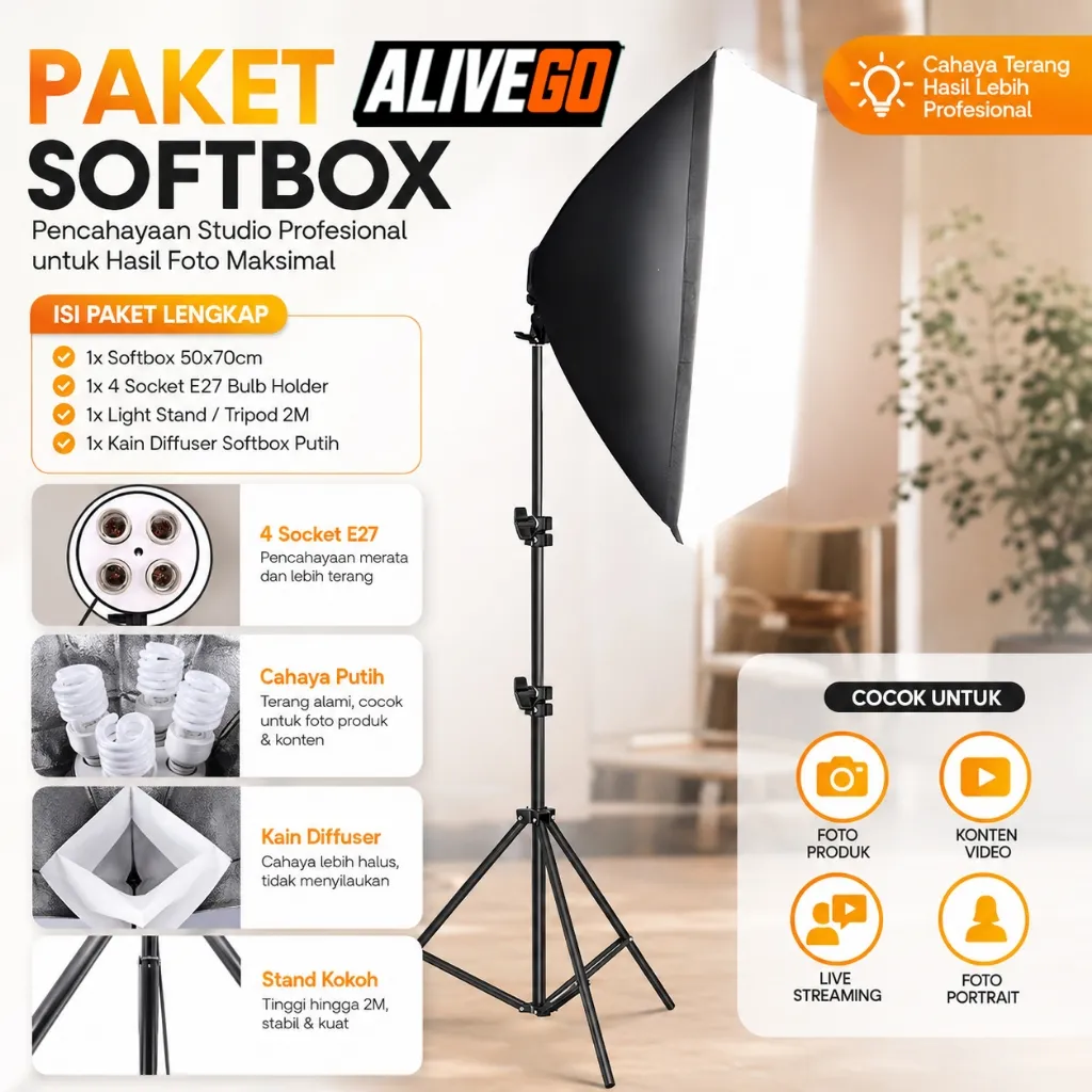 TaffSTUDIO PAKET SOFTBOX 4 SOKET 50x70cm Studio Foto Light Stand 2M + 4 Socket E27 Soft box Studio Tripod Lampu Video Lightning Bohlam Tiktok Youtube Lampu Besar Payung Studio Takara Godox Aputure Yongnuo Midio Lightstand Continous Flash