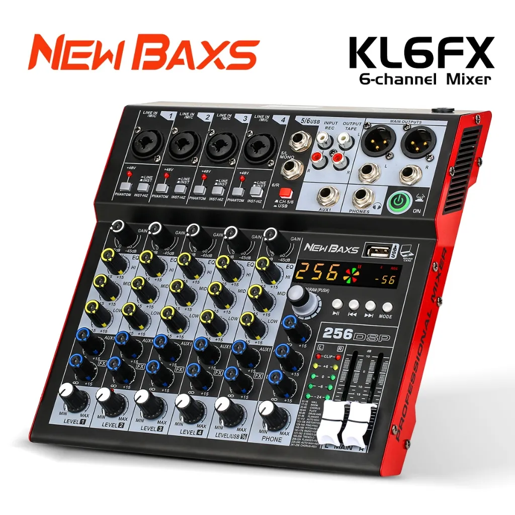 NEW BAXS Audio Mixer KL6FX 6 Channel Bluetooth USB MP3 dengan DSP 256 Efek Reverb Delay Suara Stereo Jernih Rekaman Flashdisk Cocok untuk Studio Musik KTV Karaoke Bar Gereja Sekolah Rumah karaoke mixer