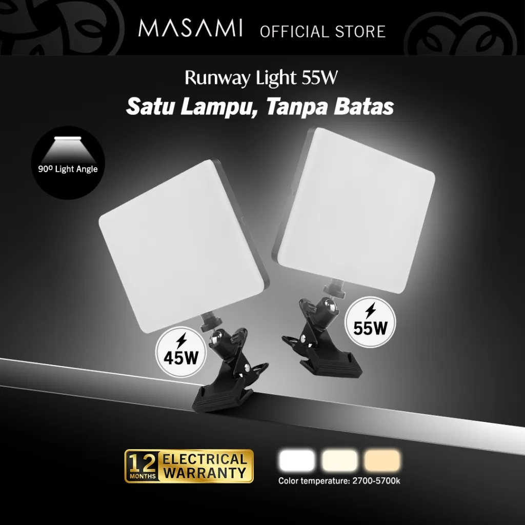Masami Runway Square Light + Clip - Lampu MUA Jepit LED 55W 45W Travel Friendly Make Up MUA Konten Kreator Terang Maksimal Lampu Make Up Godox Portable Ring Standing Studio Potrait Live Streaming Stepless Dimmer Remote