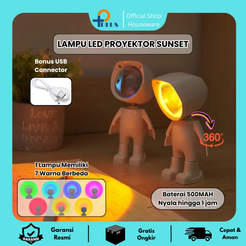 [ PPLUS ] LAMPU LED PROYEKTOR SUNSET CHARGER USB Bateria500ma/  LAMPU proyetor MOTIF efek matahari 7 warna sensor sentuh