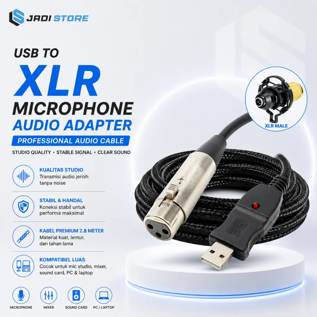 USB to XLR Microphone Studio Audio Adaptor Connector 2.8M - AY12 Kabel USB ke XLR Mic Studio Audio Adapter 2.8 Meter Kabel Mikrofon Recording Studio Mixer Sound Card PC Laptop Komputer Mic Cable Connector USB to XLR Male Kabel Audio Recording Studio