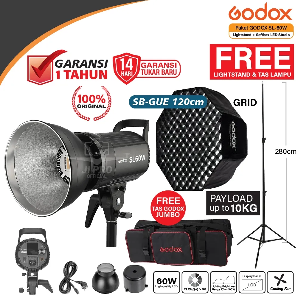 Paket GODOX SL-60W / SL60 W / SL 60 W  / SL60W + Lightstand + Softbox + Tas - Flash LED Studio Original