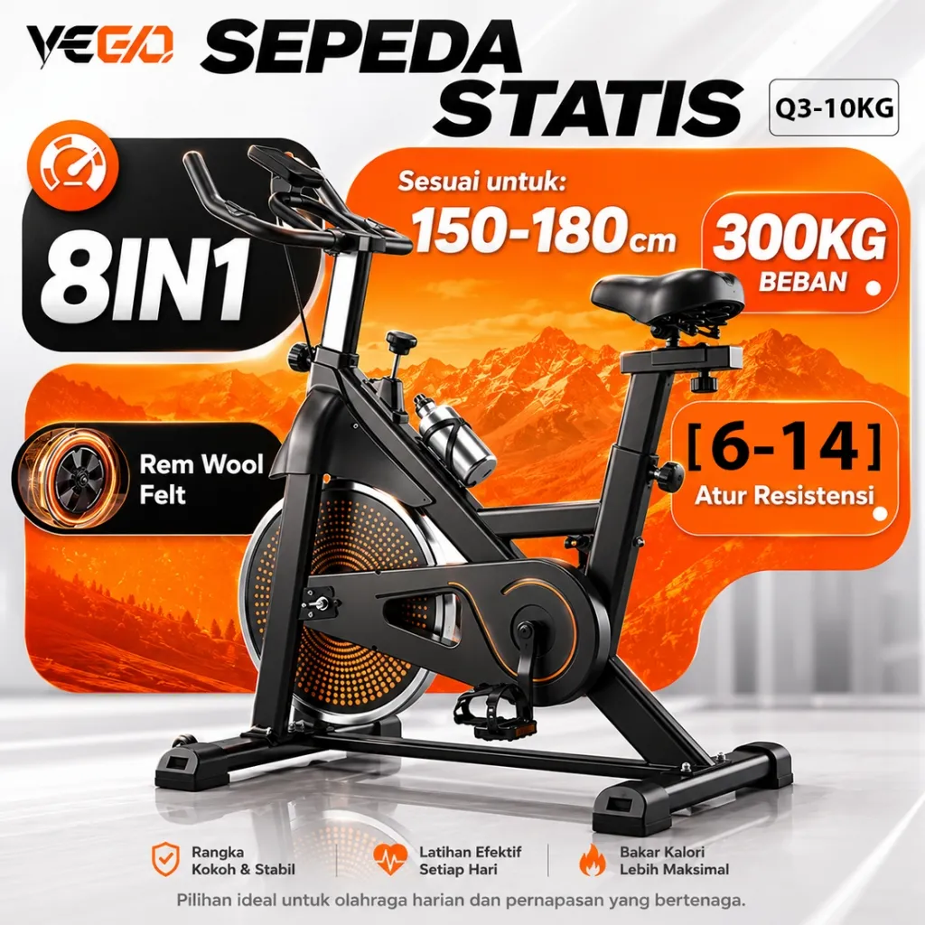 VEEGO Spinning Bike Exercise Bike Q3 Roda Gila 10KG Adjustable Seat Tes Detak Jantung Ultra Quiet Layar LED Kardio Home Gym