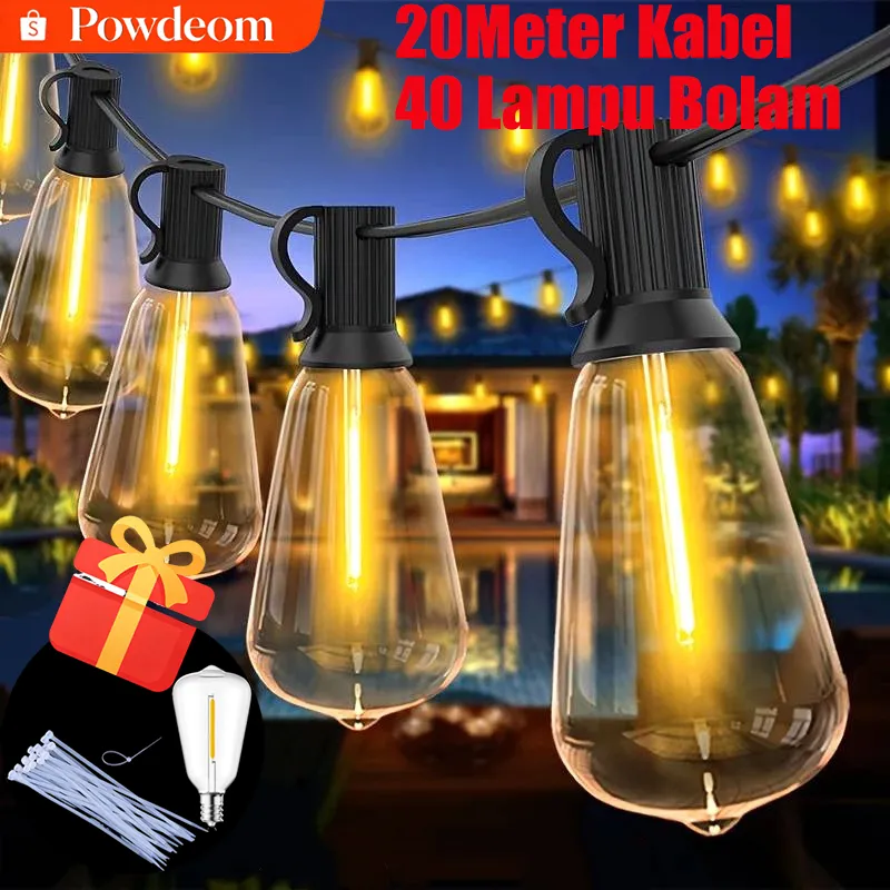 Powdeom Kuning Lampu 20 Meter 40 Sdh Lampu LED Gantung Outdoor Tahan Air Lampu Komplit Lampu Hias Cafe