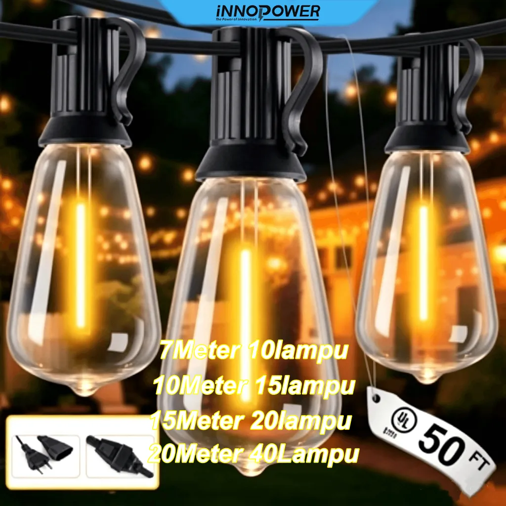 Innopower Fitting Lampu Kuning Cafe Gantung 40 Fitting 20 Meter Dekorasi Kafe Tahan Air Lampu Hias Komplit
