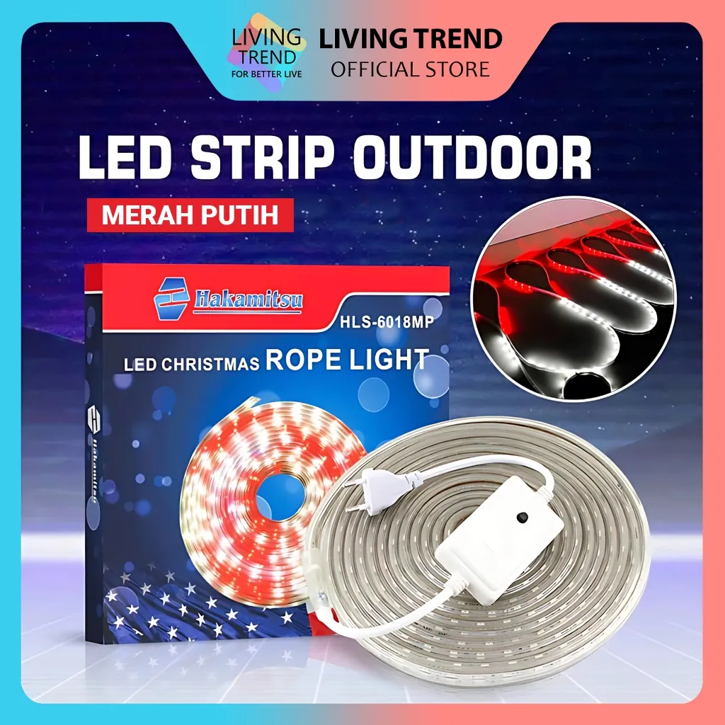 Lampu Strip Outdoor LED 2835 Merah-Putih  Adaptor 220V / Lampu Hias Anti Air LED 3528 Strip 17 Agustus