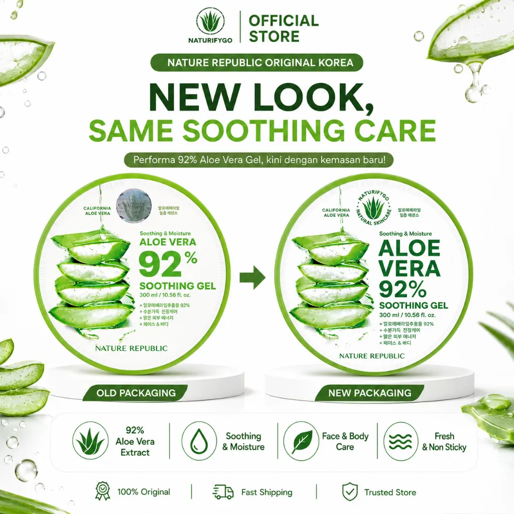 Nature Republic Aloe Vera 92% Soothing Gel 300ml (FREE INAI KUKU) Original Korea Pelembap Wajah Tubuh Rambut BPOM