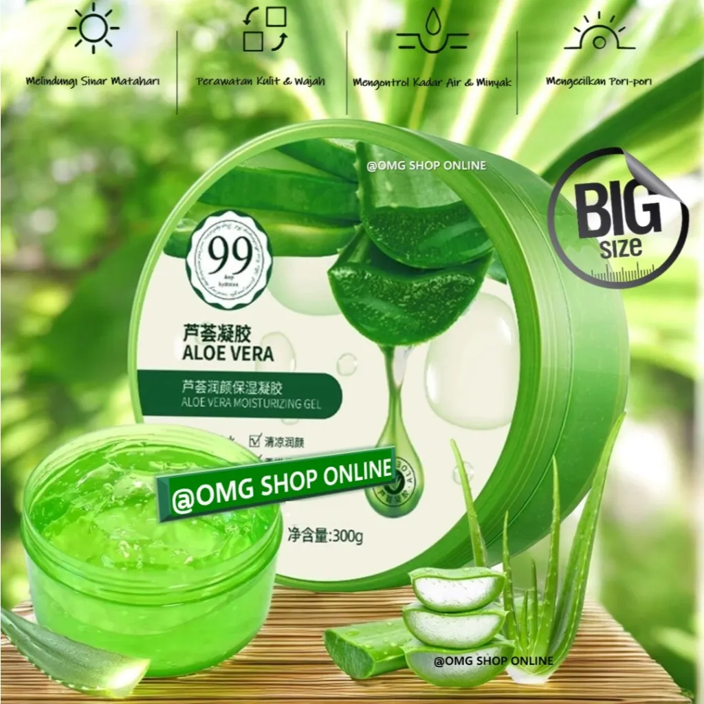 Aloe Vera Gel Soothing 99% Ukuran Besar 300 ml / Moisturizer Aloe Vera Gel Ori untuk Wajah Glowing Masker Wajah Pelembab Gel Untuk Masker Rambut Bibir Kering Masker Mata Panda Skincare Terbaik Kualitas Mirip Nature Republic Aloe Vera Soothing Gel