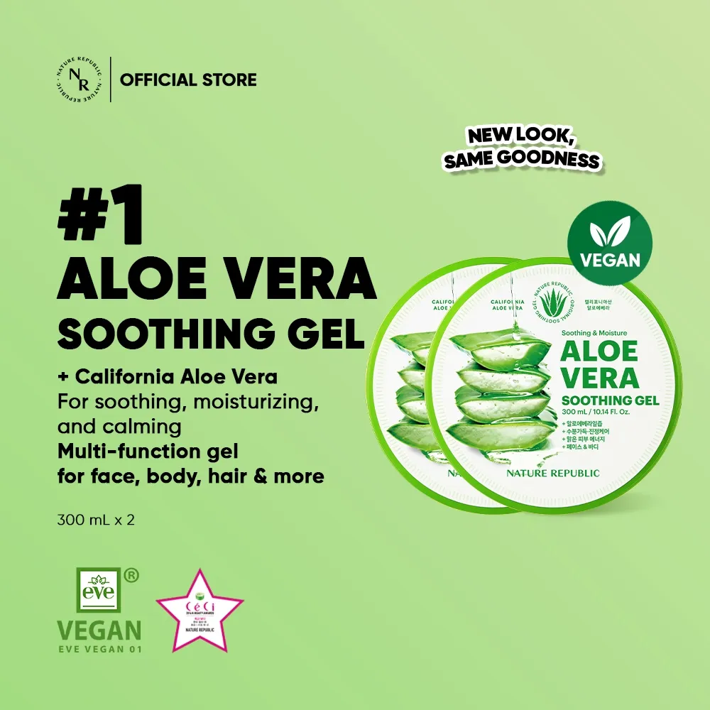 NATURE REPUBLIC Aloe Vera Soothing & Moisture Gel 300ml [2 Pcs] | Face & Body Gel Multifungsi Melembabkan dan menyejukkan kulit (soothing/calming effect)