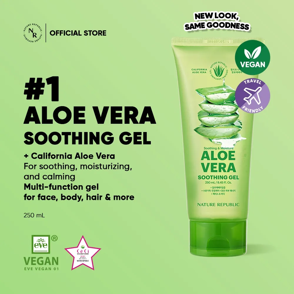 NATURE REPUBLIC Aloe Vera Soothing & Moisture Gel 250ml | Face & Body Gel Multifungsi Melembabkan dan menyejukkan kulit (soothing/calming effect) (Tube)