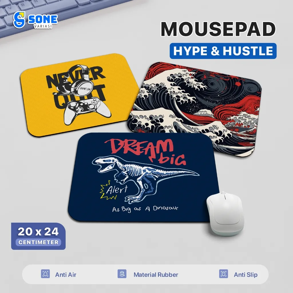 Mouse Pad Bahan Rubber / Mousepad Hype Hustle Unik 20x24 cm Anti Slip Anti Air