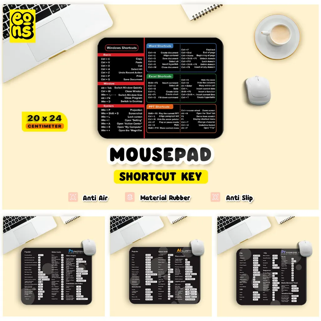 Mousepad Shortcut Software Editing | Mouse Pad Keyboard Guide Windows Photoshop AI PR Gaming Desk Mat