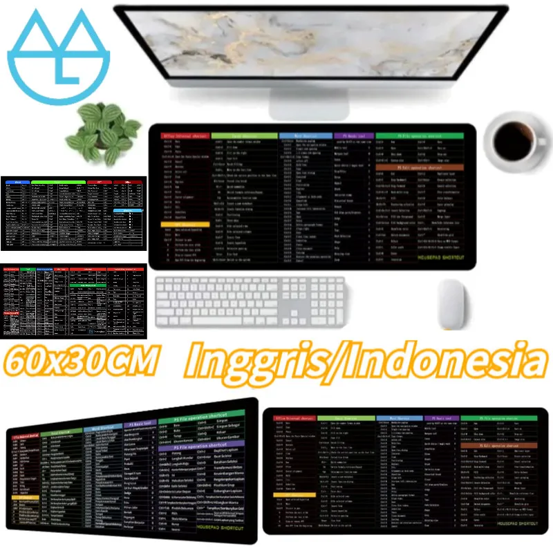 Inggris/Indonesia Original Mousepad Shortcut Key 60x30cm Mousepad Keyboard Shortcut Key Papan Tombol Efisien