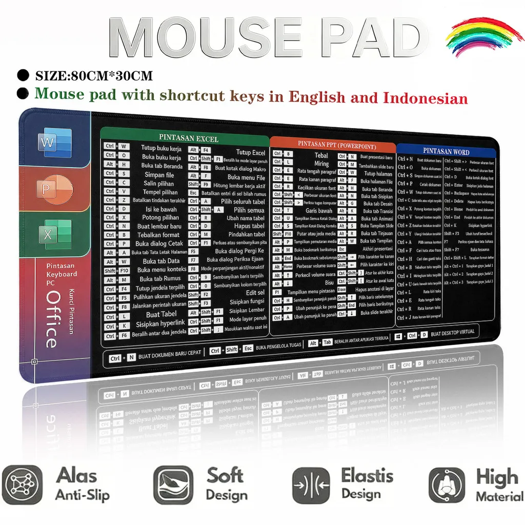 PELANGICASE 2026 New Indonesian and English Version Shortcut Key Mouse Pad Original Design Computer Office Keyboard Shortcut Mouse Pad Desk Mat 80cm × 30cm High-Efficiency Office Desk Pad Gaming Mousepad