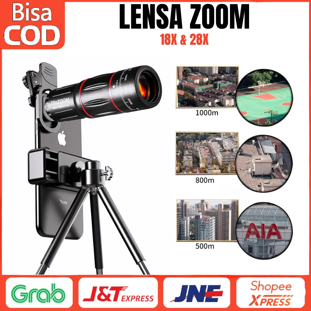 Apexel 18X 28X Lensa Kamera Zoom Lensa Telezoom Hp Universal Lensa Hp HD Dengan Tripod Untuk Konser