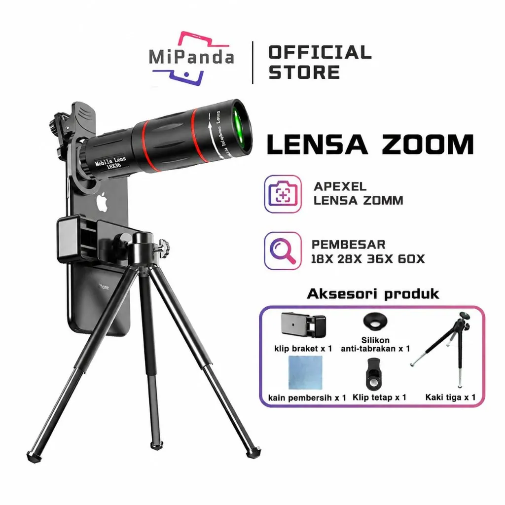 Mipanda Lensa Kamera HP Tele Zoom Universal 18/28X/36X/60X untuk Konser dengan Tripod Apexel