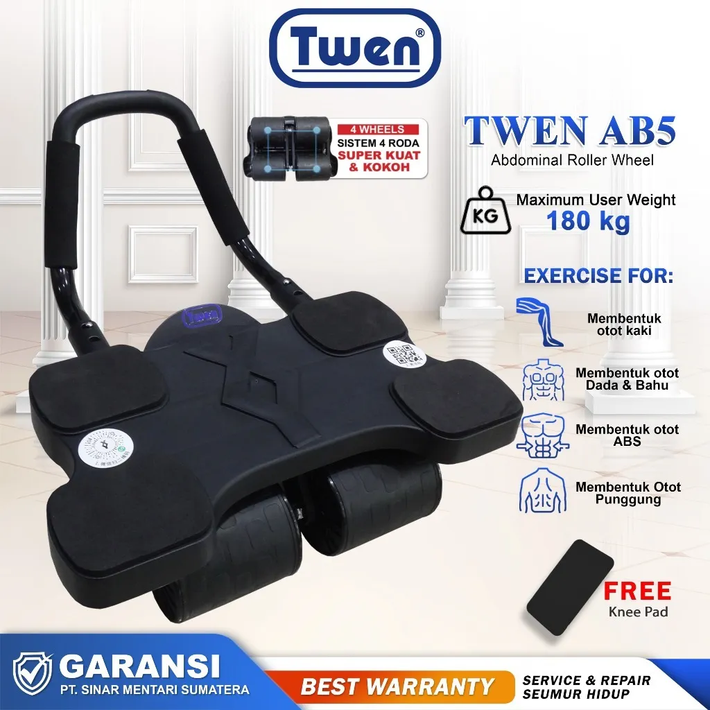 TWEN Ab Wheel Ab Roller Wheels Plank Trainer Abdominal Core Roller Automatic Fitness Perut Multifungsi