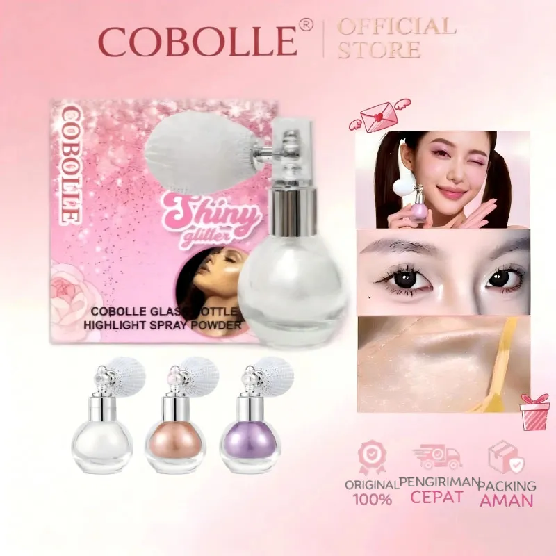 COBOLLE Glitter Highlighter Powder Spray Highlight ShimmerSparkle Makeup 12 JAM Tahan Lama Kilau Alami Tahan Air Wajah & Tubuh BPOM
