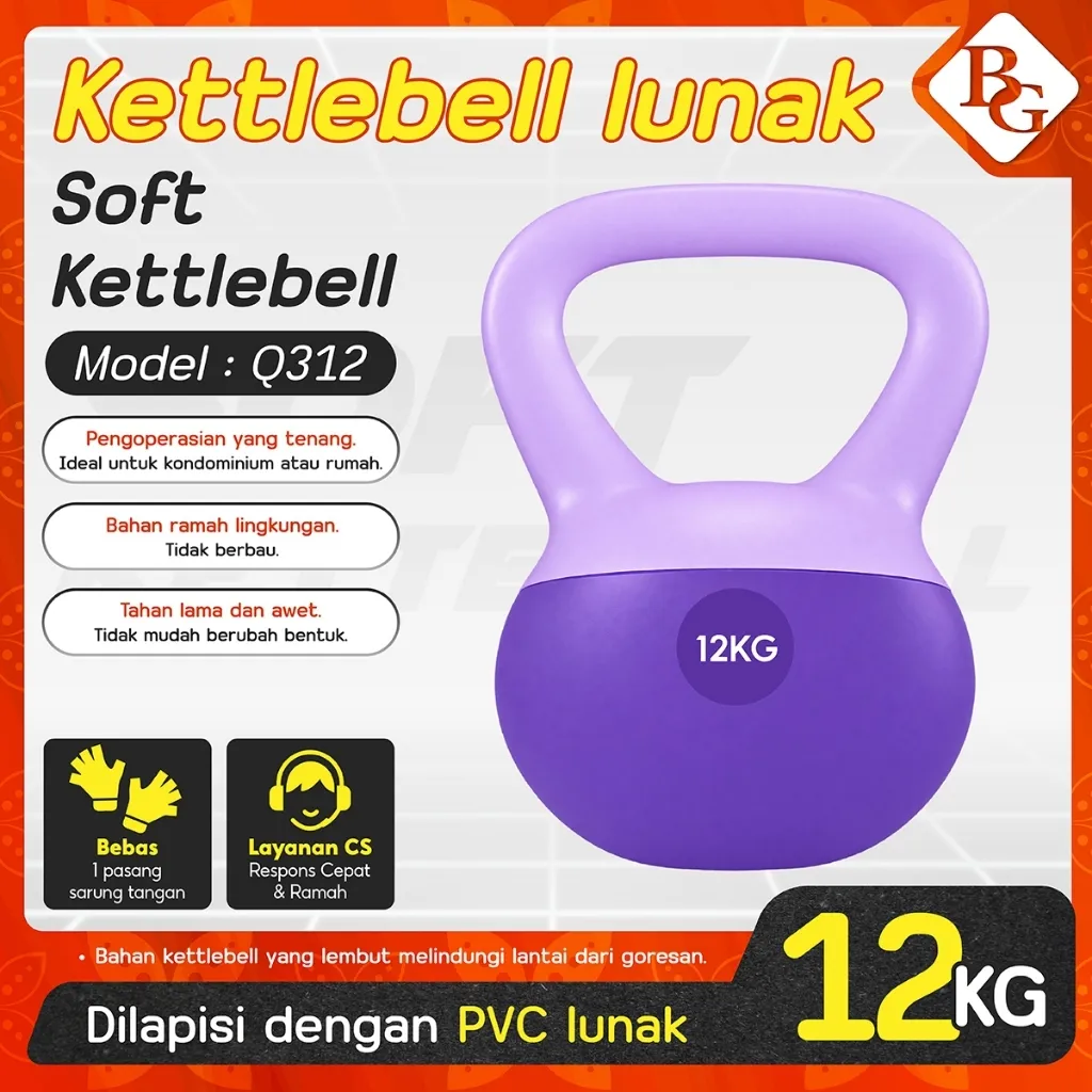 Bettergrow Kettlebell Lunak Pink Biru Ungu Black | Peralatan Kebugaran Rumah | Neoprene Soft Kettlebell Gym Otot 12 KG